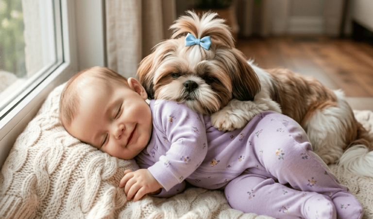 Cute Shih Tzu Cuddling With A Baby