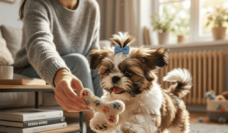 Cute Shih Tzu Puppy Playing With Owner