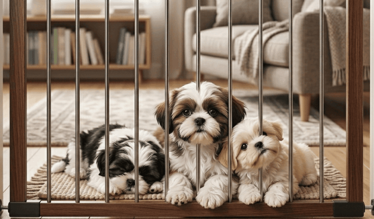 Three Cute Shih Tzu Puppies Relaxing In A Doorway